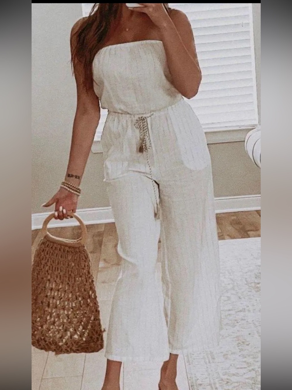 Strapless Cream Wide-Leg Jumpsuit with Tassel Belt